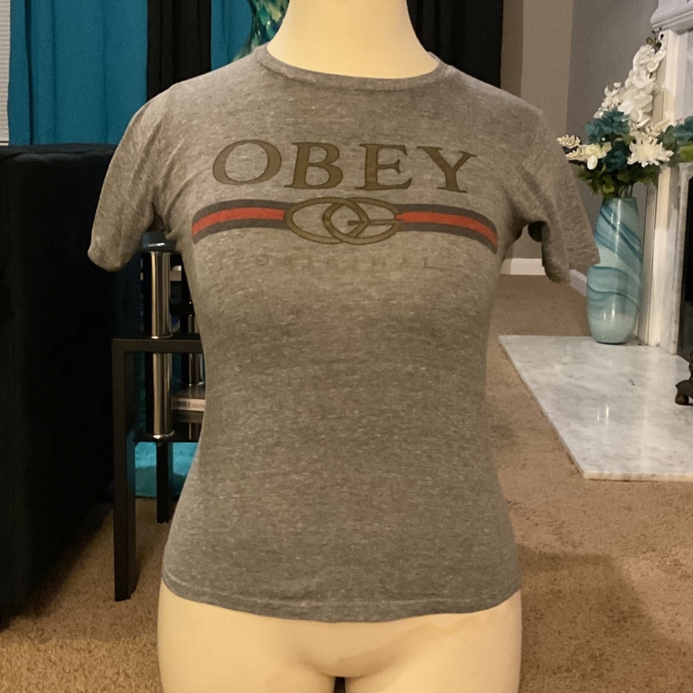 Obey Heather Gray Short Sleeve Logo Tee with Olive and Red Accents